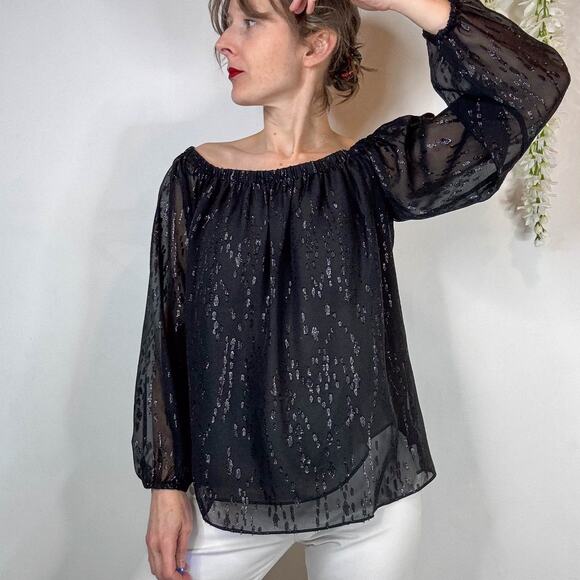 NWT LILLY PULITZER Emilee Long Sleeve Off Shoulder top Onyx metallic sheer 2217 - Picture 3 of 12
